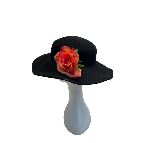Black Wool Wide-Brim Fedora Hat With Red Floral Embellishment main image 4
